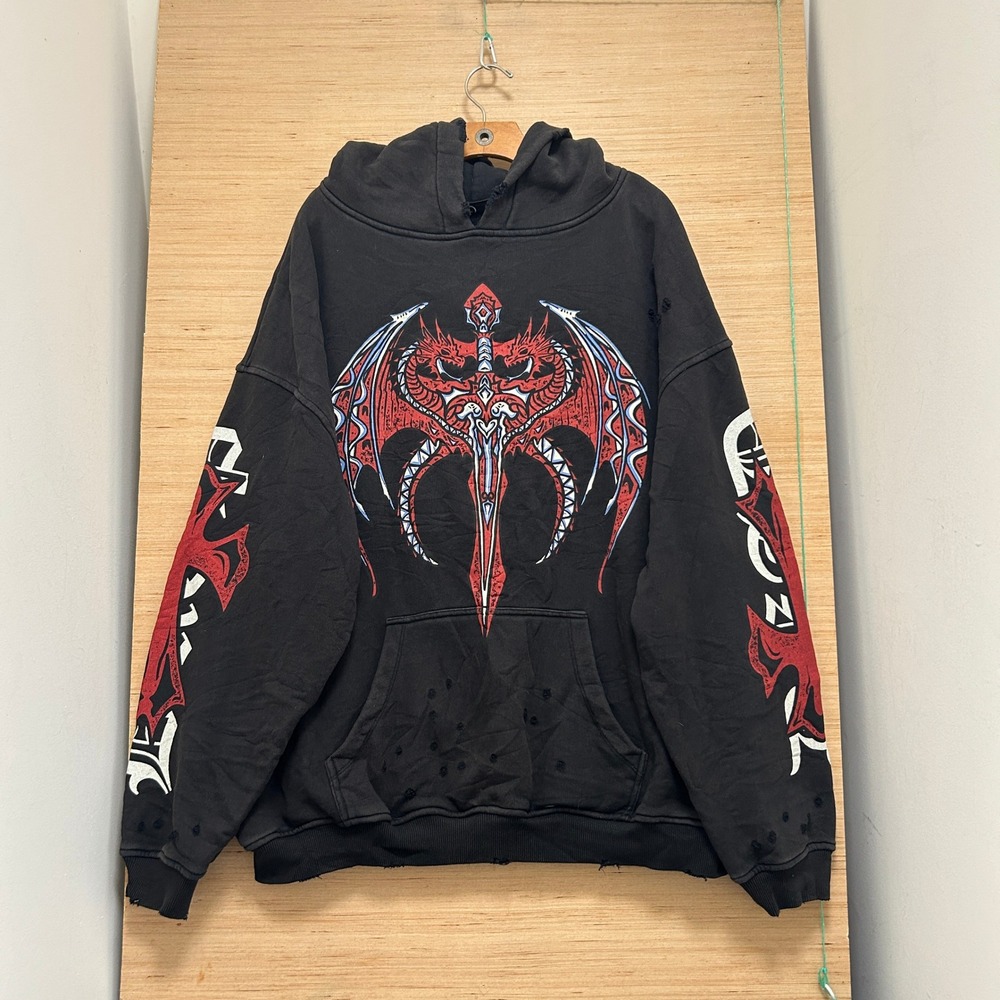 Drop Dead Distressed Dragon Graphic Hoodie Washed Black Red Gothic Mens 2XL